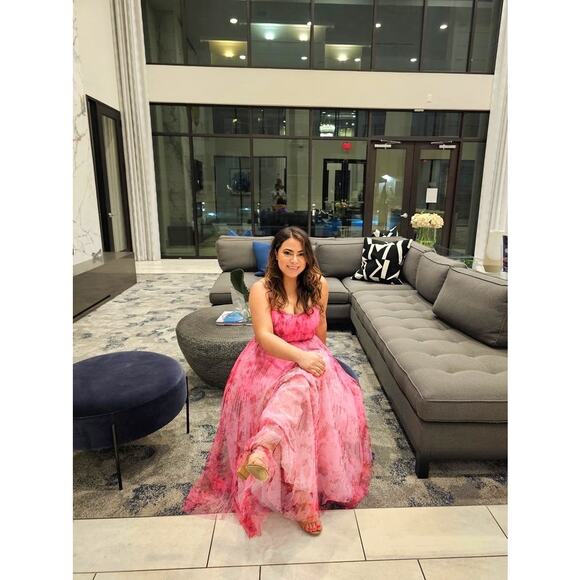 ML MONIQUE LHUILLIER Pink Floral Tulle Sweetheart Neckline A-Line Dress Size 14 - Picture 5 of 13